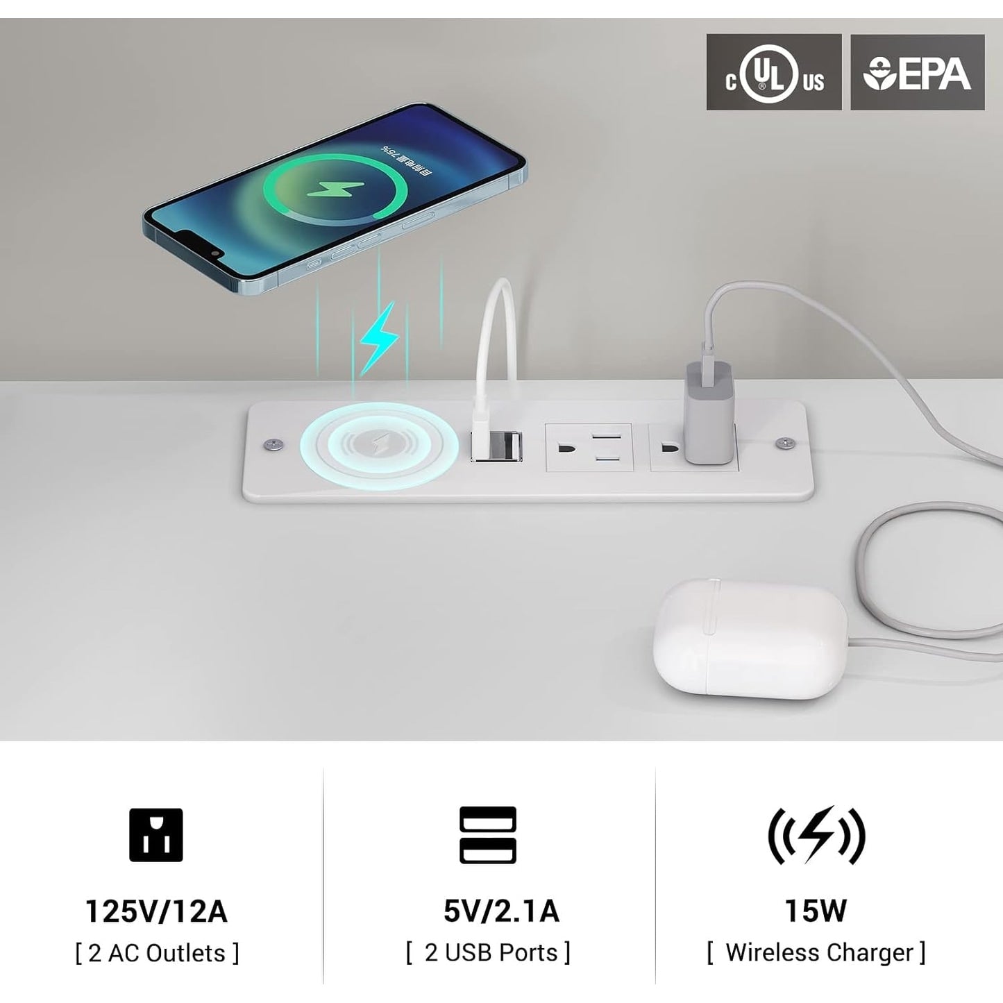 2 Drawers LED Nightstand Wireless Charging Station Pull-Out Shelf
