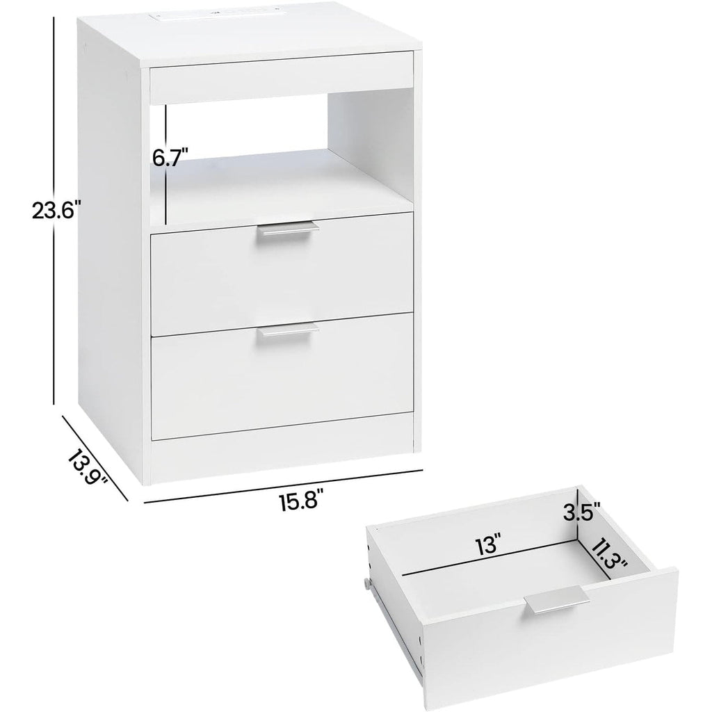 Table de chevet à 2 tiroirs avec LED et station de charge sans fil, étagère coulissante