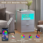 Table de chevet à 2 tiroirs avec LED et station de charge sans fil, étagère coulissante