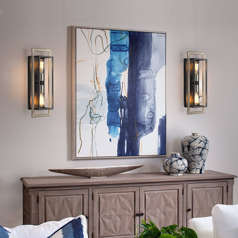 Applique murale rustique à 2 lumières, noir/bois, à intensité variable, style ferme – 20 po H x 7 po L x 5 po P – 7 po L