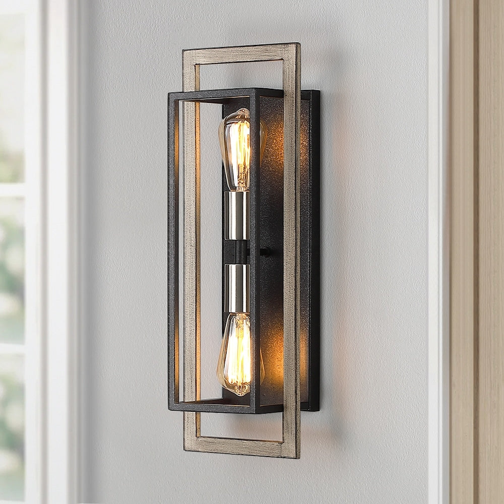 Applique murale rustique à 2 lumières, noir/bois, à intensité variable, style ferme – 20 po H x 7 po L x 5 po P – 7 po L