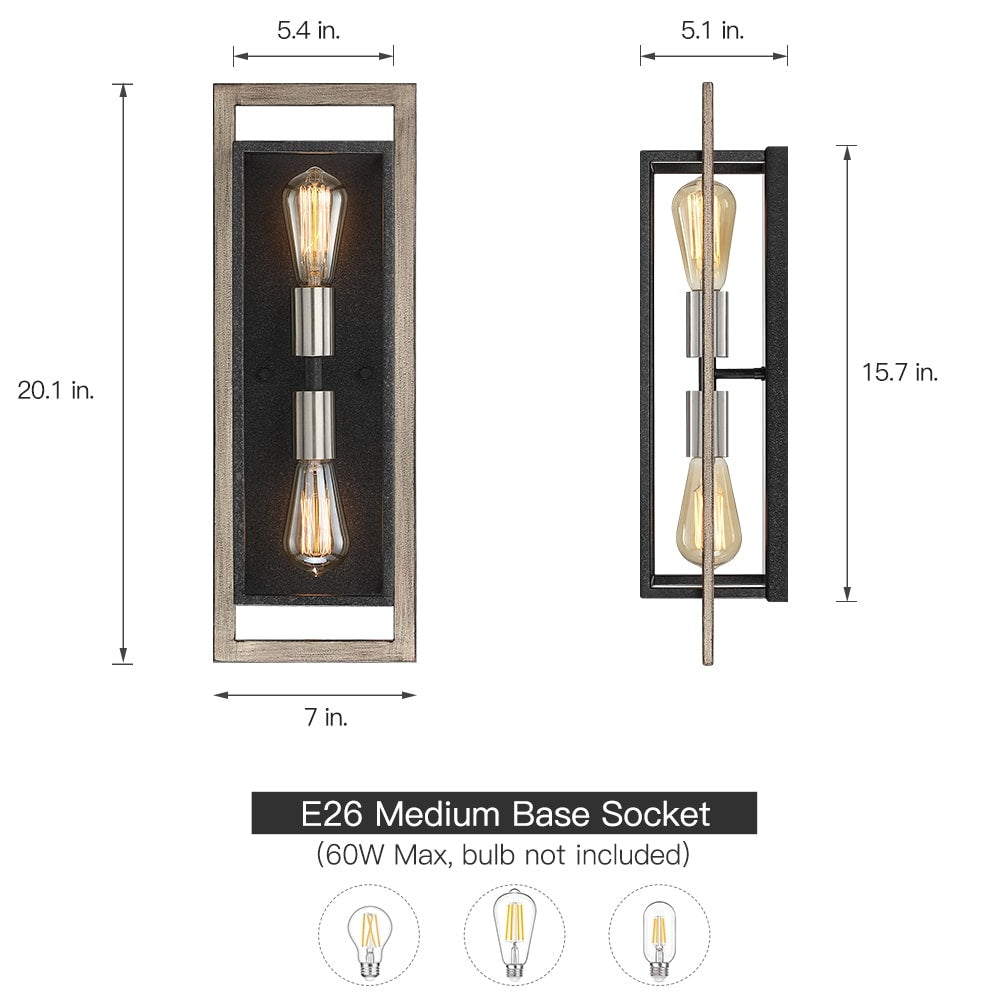 Applique murale rustique à 2 lumières, noir/bois, à intensité variable, style ferme – 20 po H x 7 po L x 5 po P – 7 po L