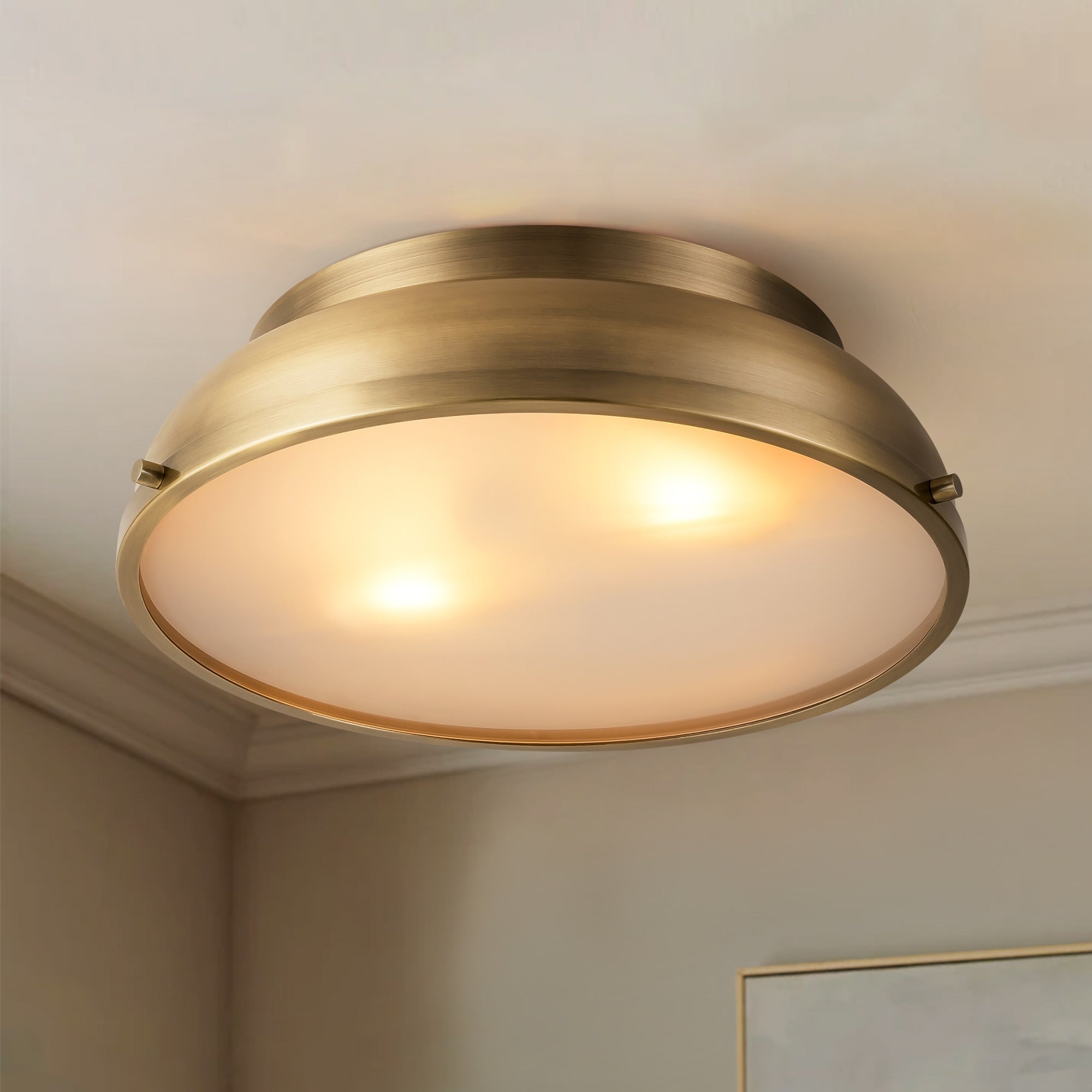 Plafonnier encastré à 2 lampes, style Mid-Century moderne, en bronze vieilli, avec dôme cylindrique en verre dépoli - Bronze vieilli