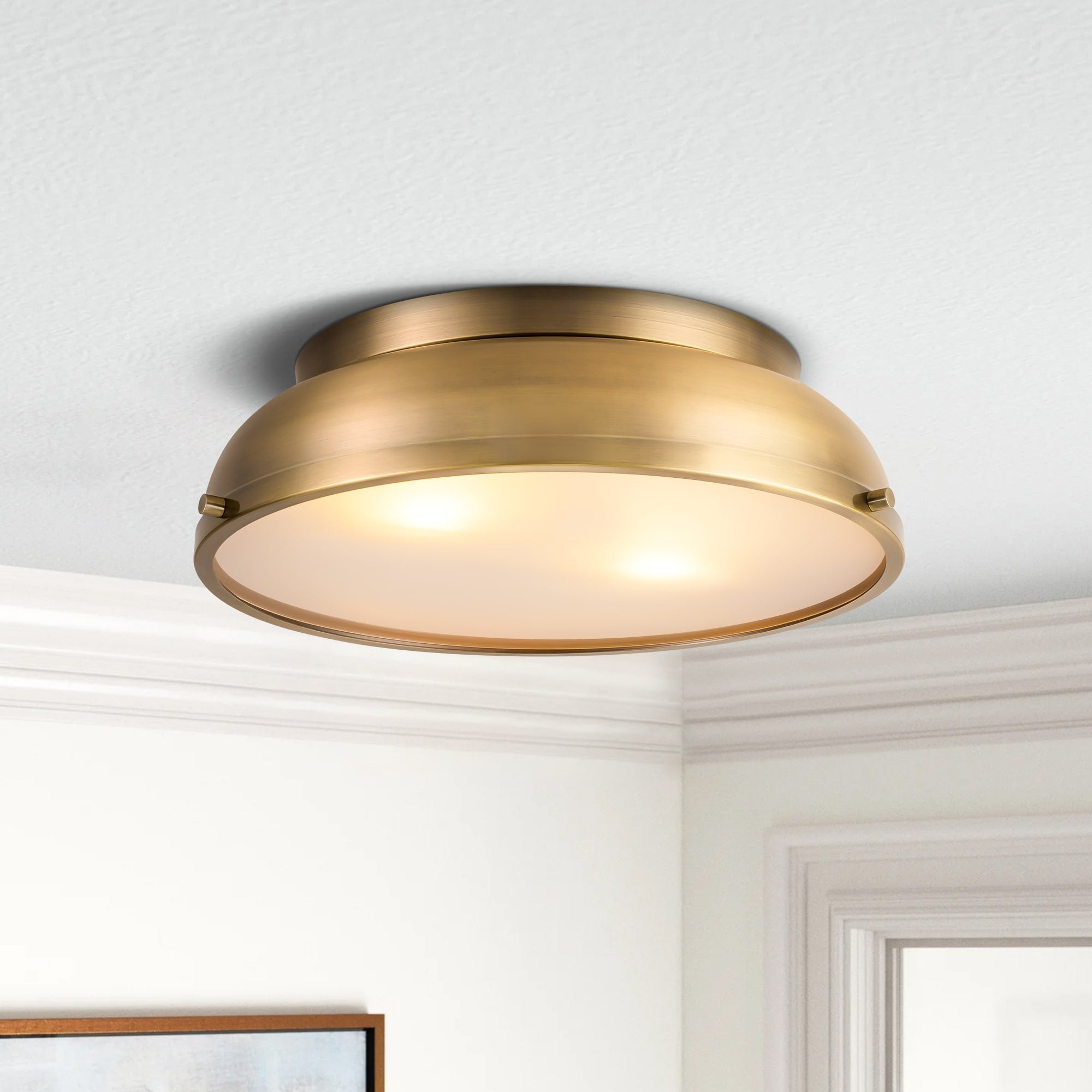 Plafonnier encastré à 2 lampes, style Mid-Century moderne, en bronze vieilli, avec dôme cylindrique en verre dépoli - Bronze vieilli