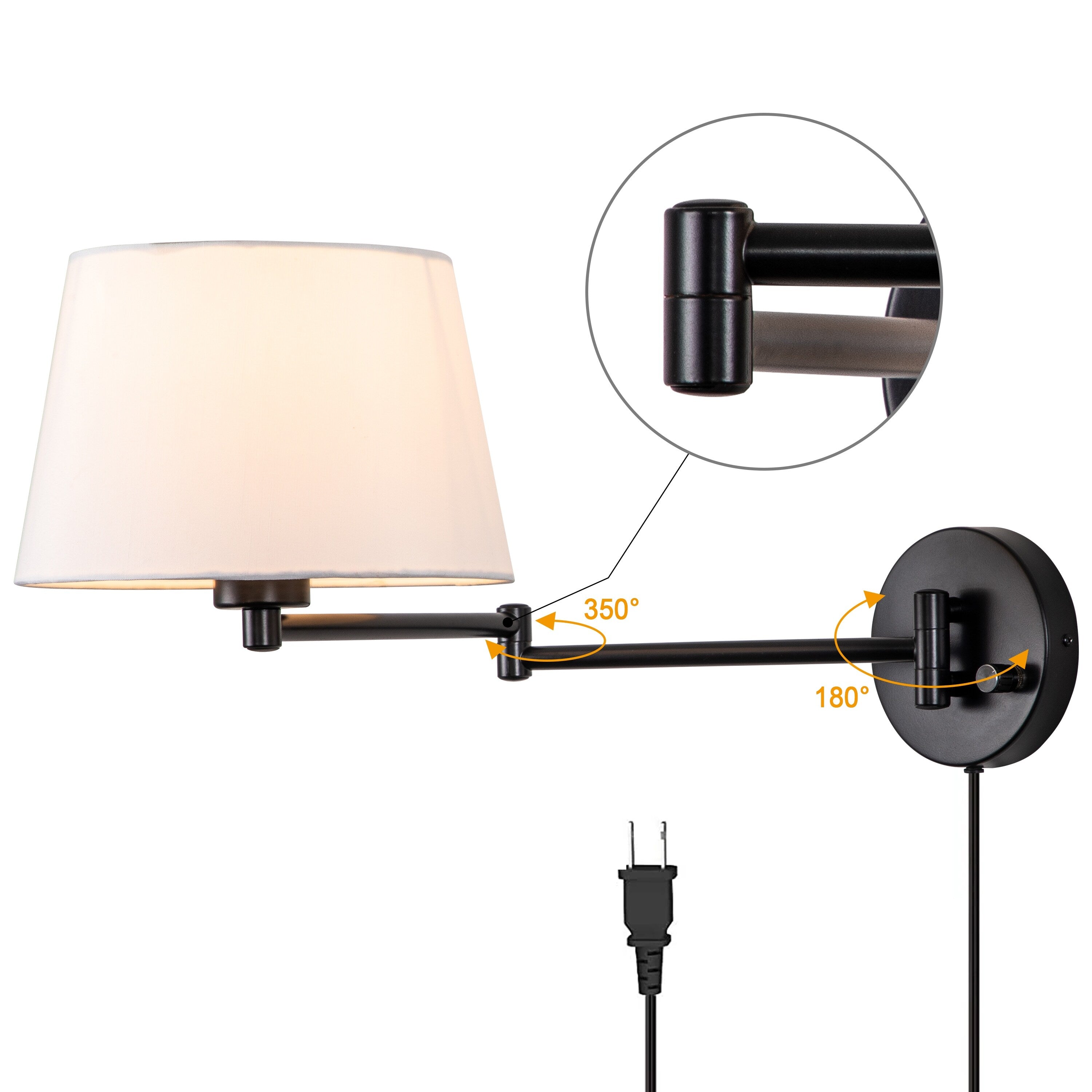 Lot de 2 appliques murales noires à bras pivotant avec abat-jour en lin