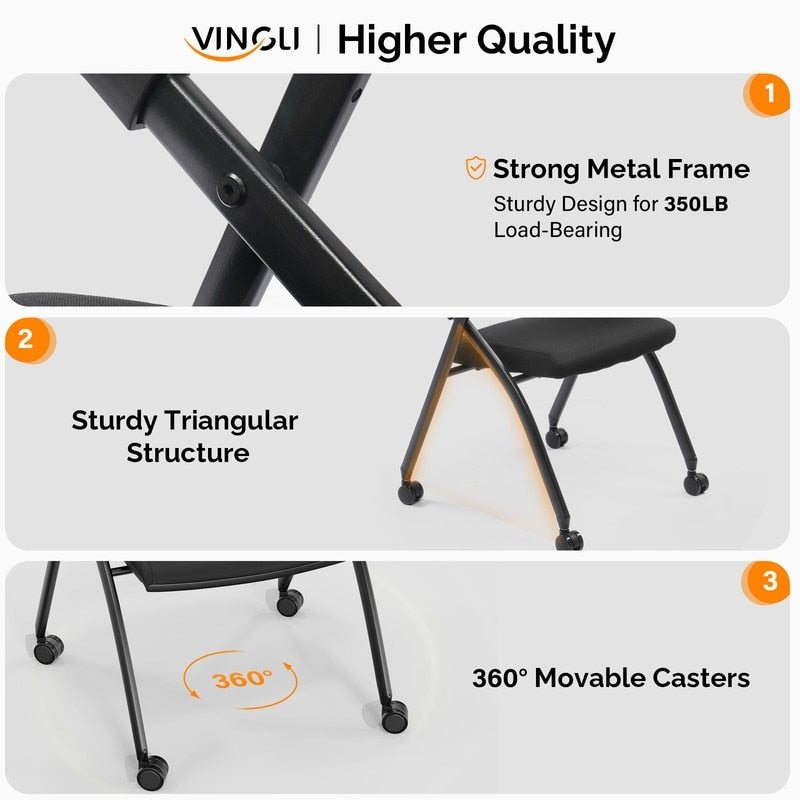 Chaise de conférence empilable à roulettes, chaise de bureau pliante avec dossier rebondissant