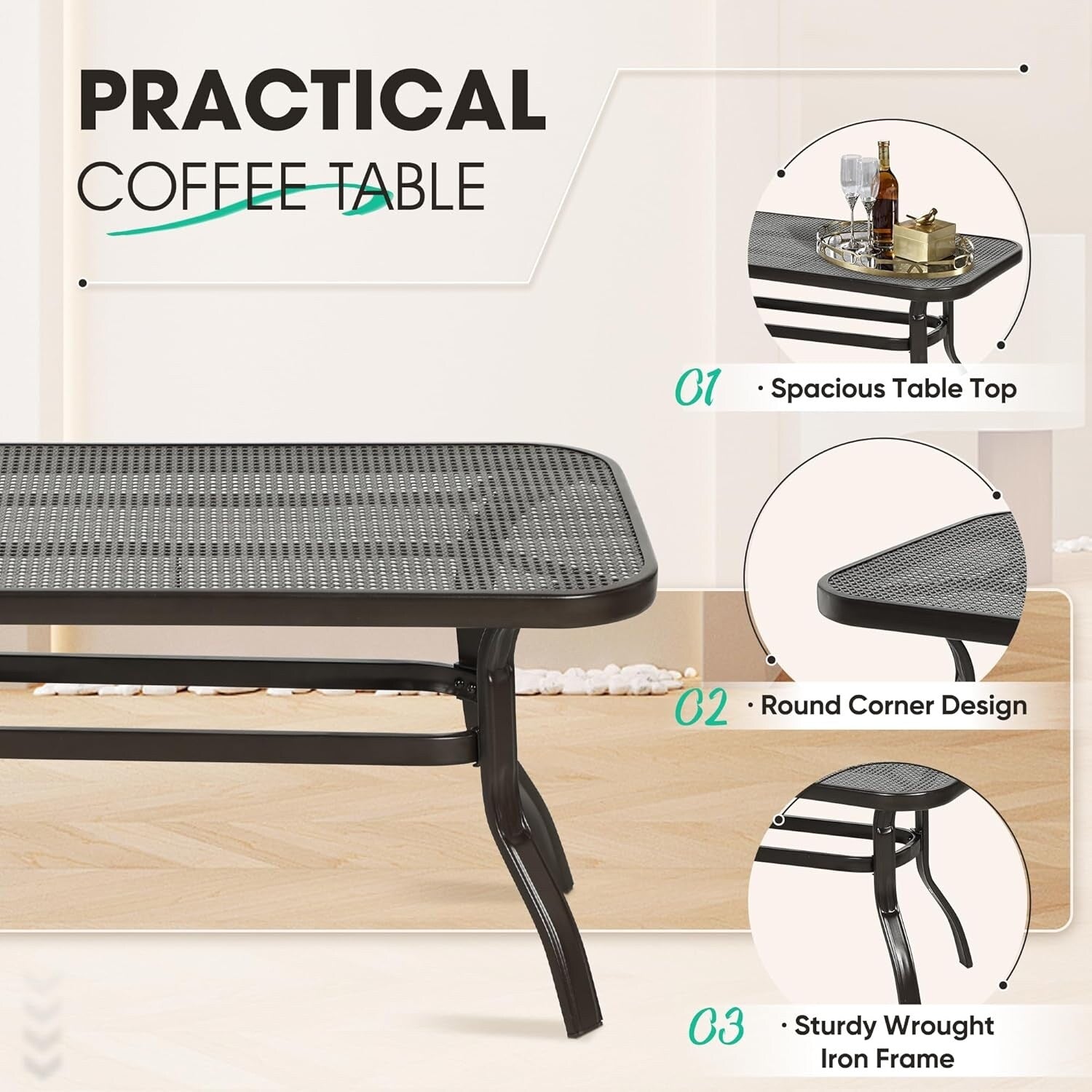 Ensemble de 2 bancs de jardin et table basse ronde pour terrasse extérieure
