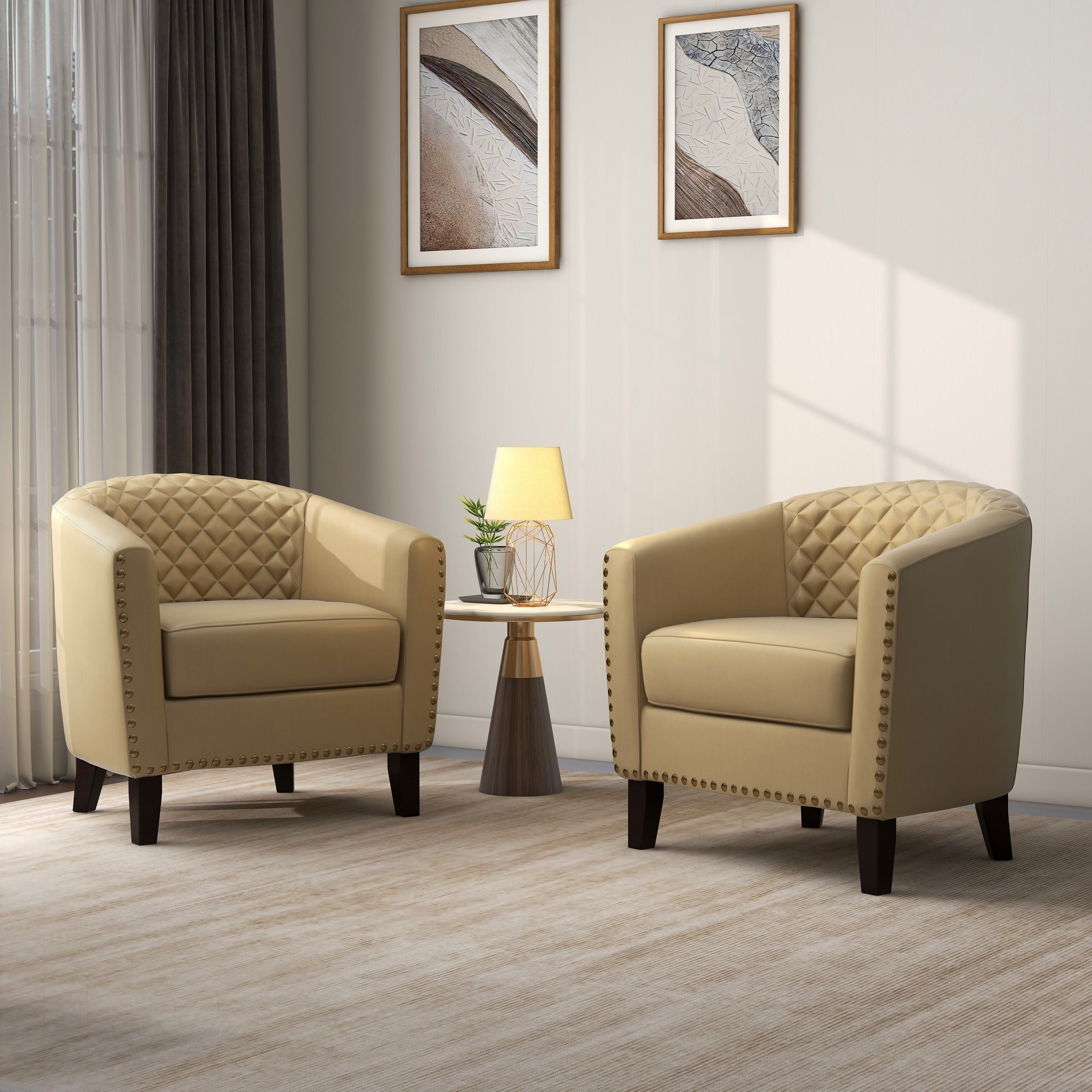 Lot de 2 chaises d'appoint tonneau en cuir vegan de 29 W avec garniture cloutée