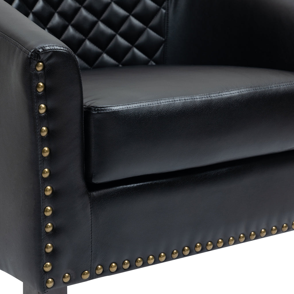 2 Set 29 W Vegan Leather Barrel Accent Chairs with Nailheads Trim