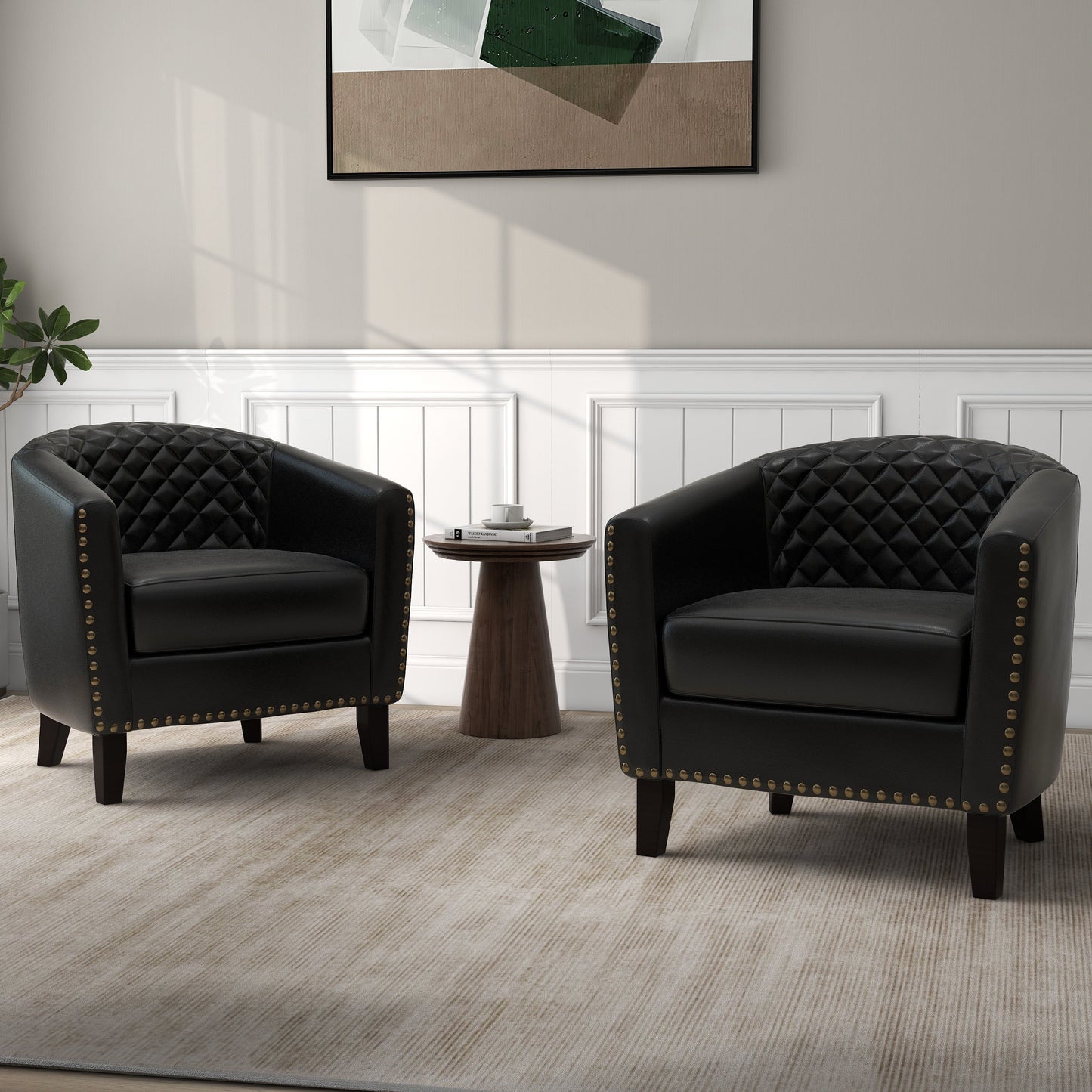Lot de 2 chaises d'appoint tonneau en cuir vegan de 29 W avec garniture cloutée