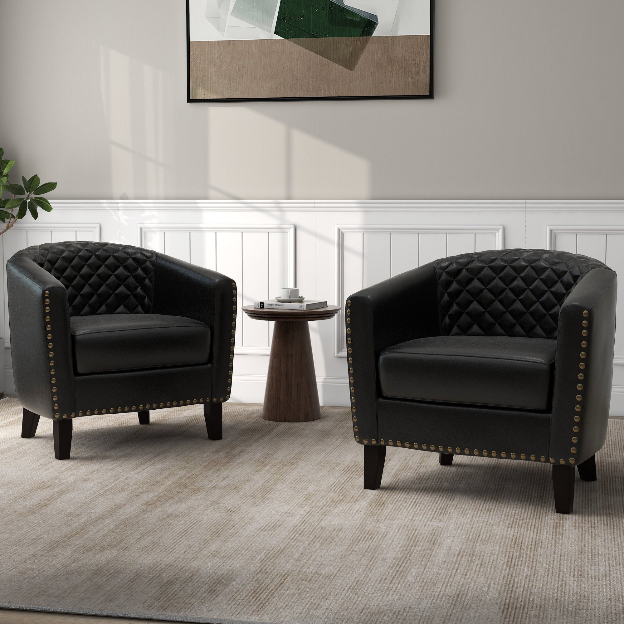 2 Set 29 W Vegan Leather Barrel Accent Chairs with Nailheads Trim
