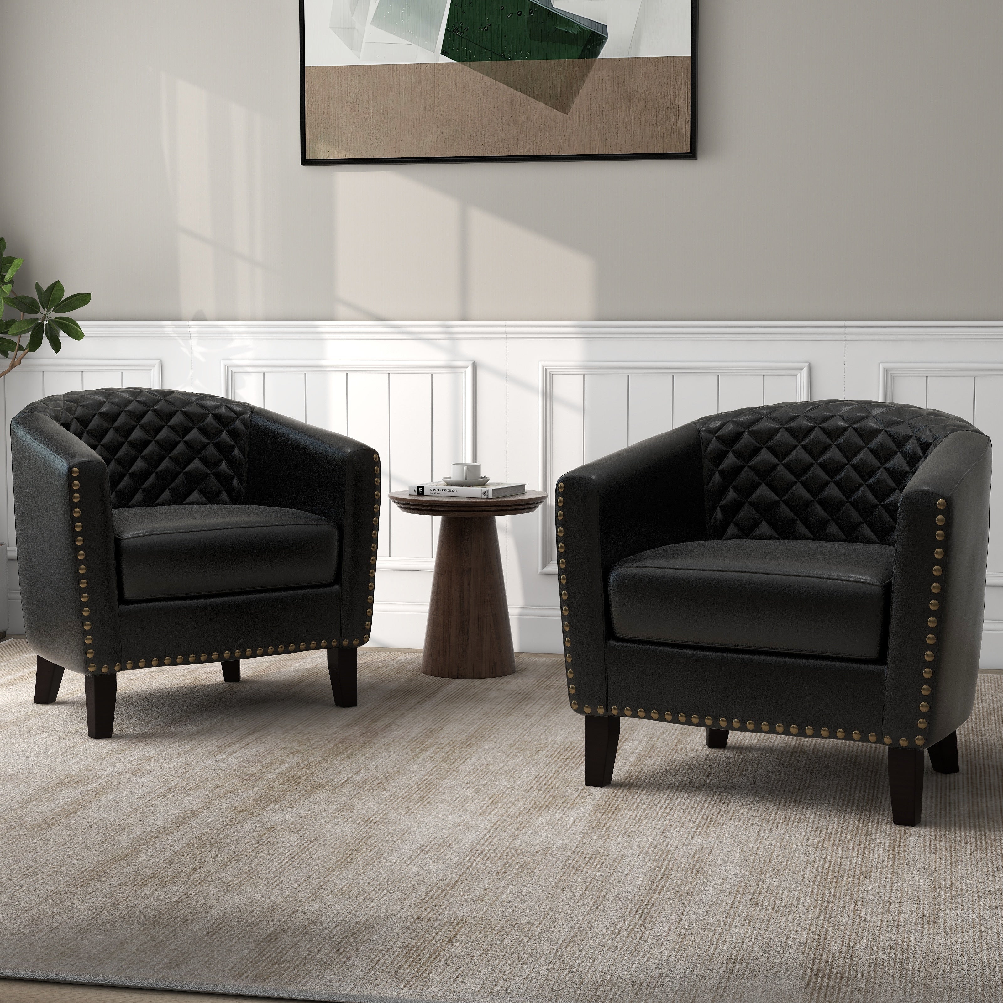 Lot de 2 chaises d'appoint tonneau en cuir vegan de 29 W avec garniture cloutée