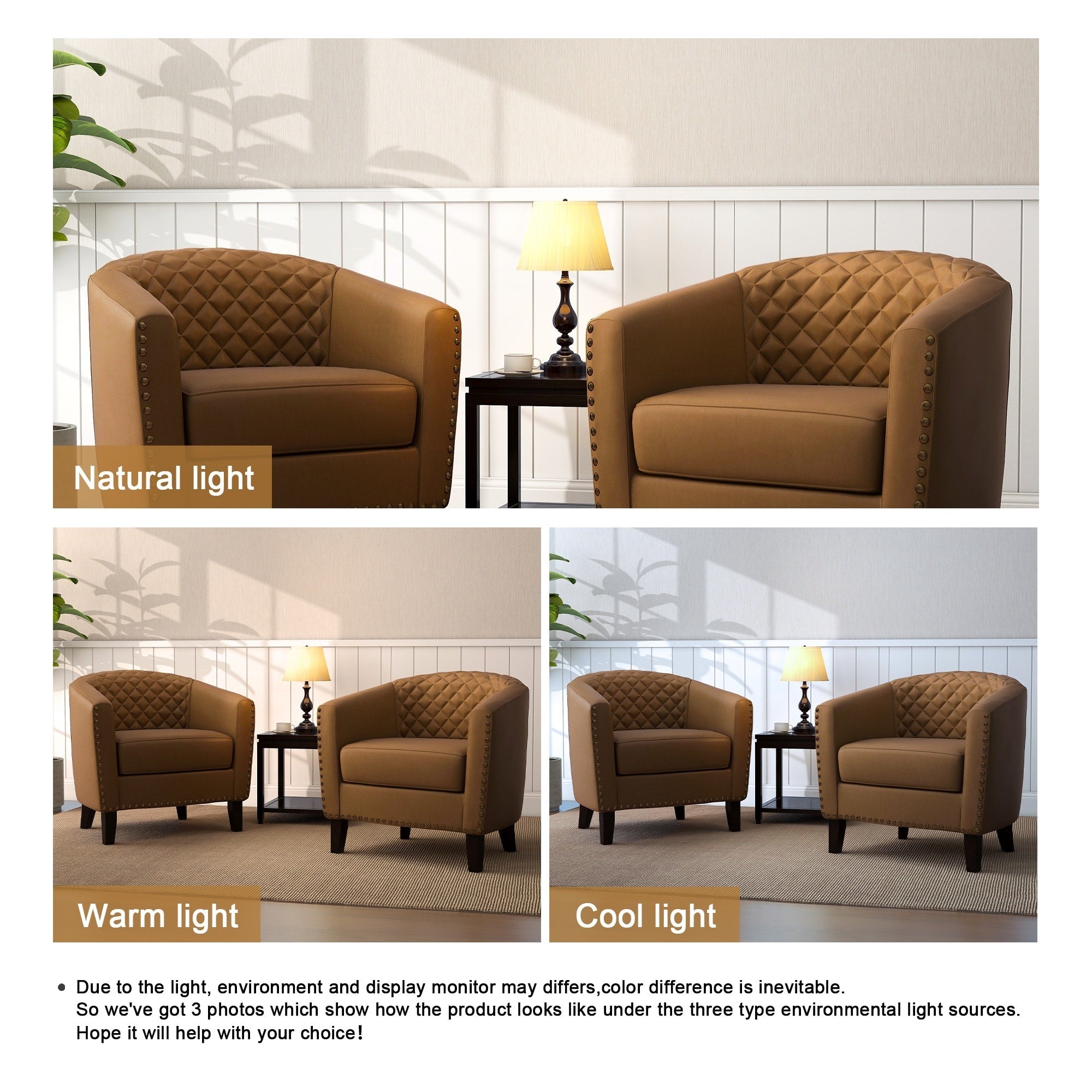 2 Set 29 W Vegan Leather Barrel Accent Chairs with Nailheads Trim