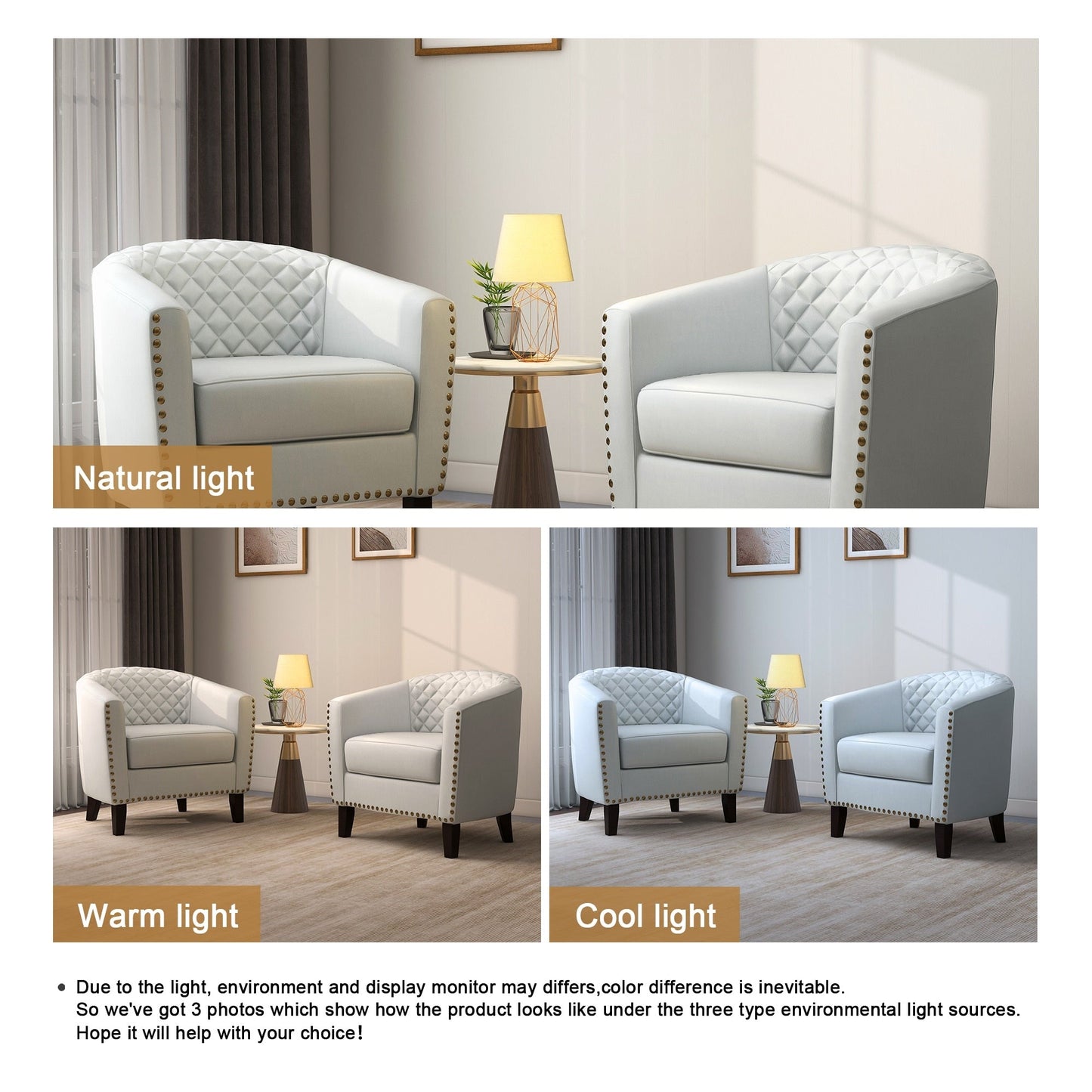 Lot de 2 chaises d'appoint tonneau en cuir vegan de 29 W avec garniture cloutée