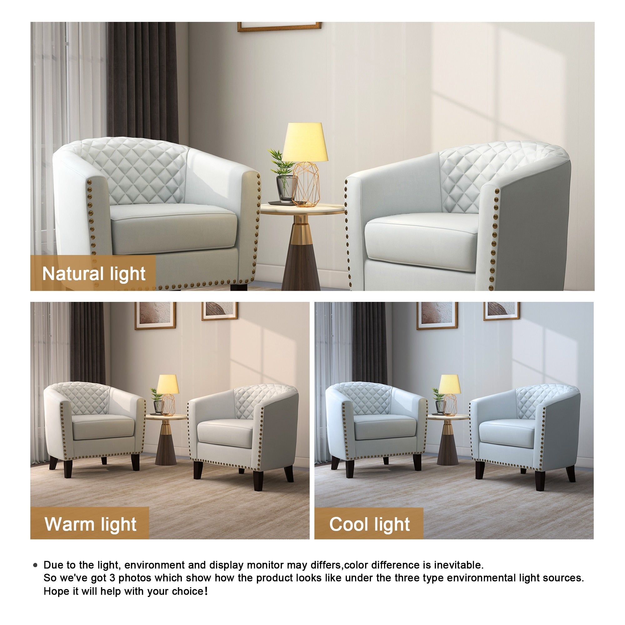 2 Set 29 W Vegan Leather Barrel Accent Chairs with Nailheads Trim