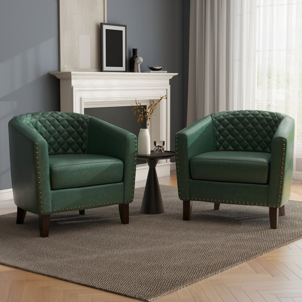 2 Set 29 W Vegan Leather Barrel Accent Chairs with Nailheads Trim