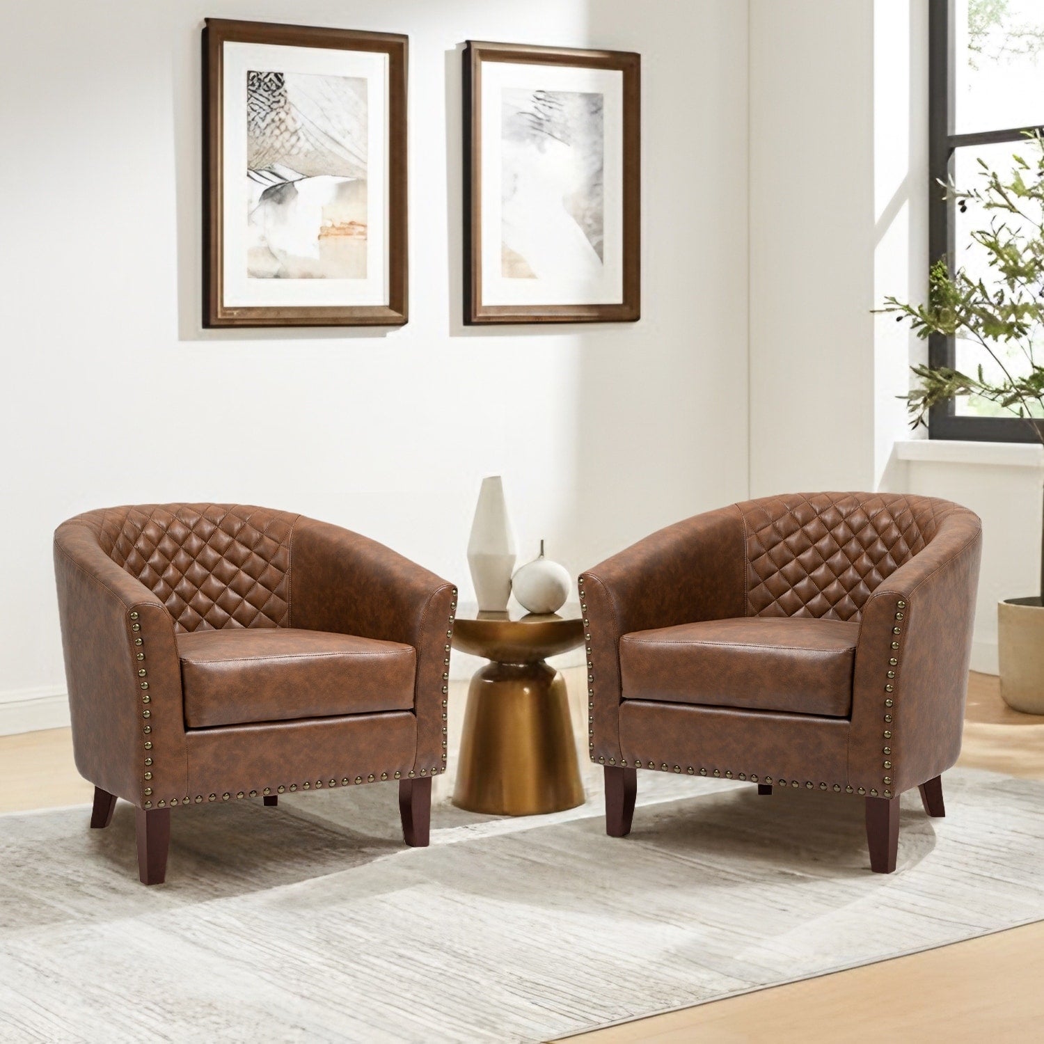 Lot de 2 chaises d'appoint tonneau en cuir vegan de 29 W avec garniture cloutée