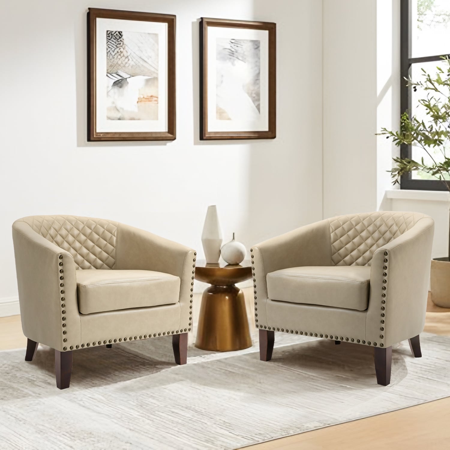 2 Set 29 W Vegan Leather Barrel Accent Chairs with Nailheads Trim
