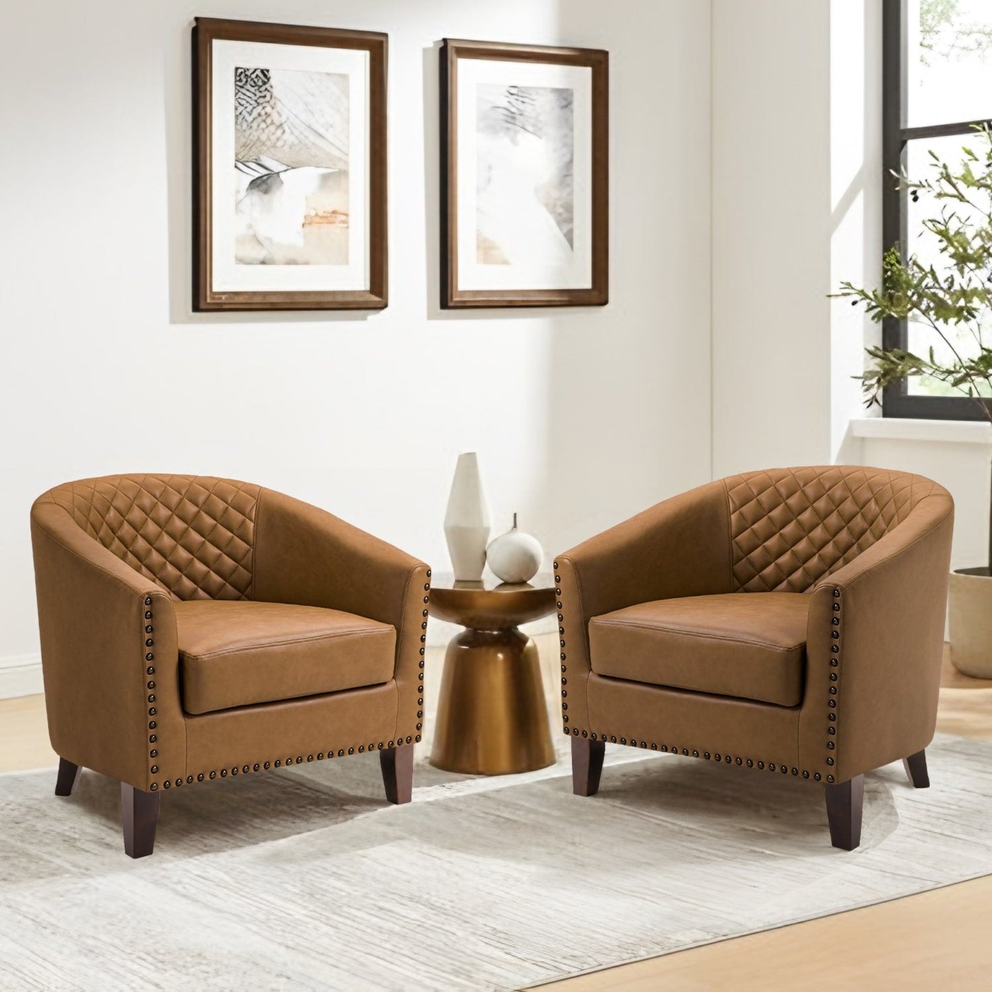 Lot de 2 chaises d'appoint tonneau en cuir vegan de 29 W avec garniture cloutée