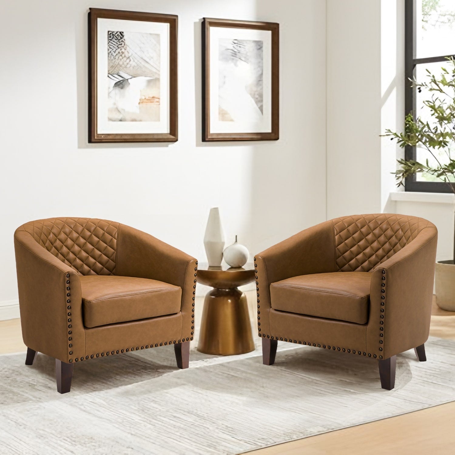 2 Set 29 W Vegan Leather Barrel Accent Chairs with Nailheads Trim
