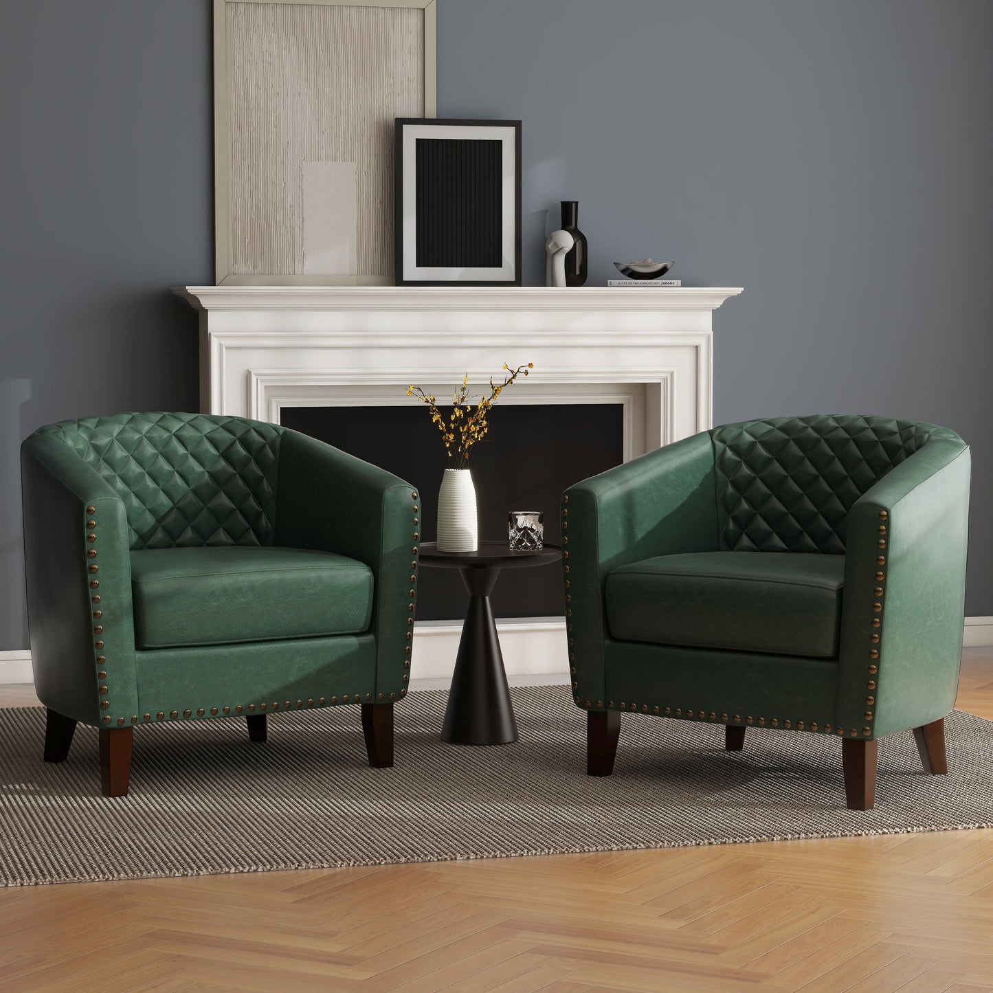 Lot de 2 chaises d'appoint tonneau en cuir vegan de 29 W avec garniture cloutée