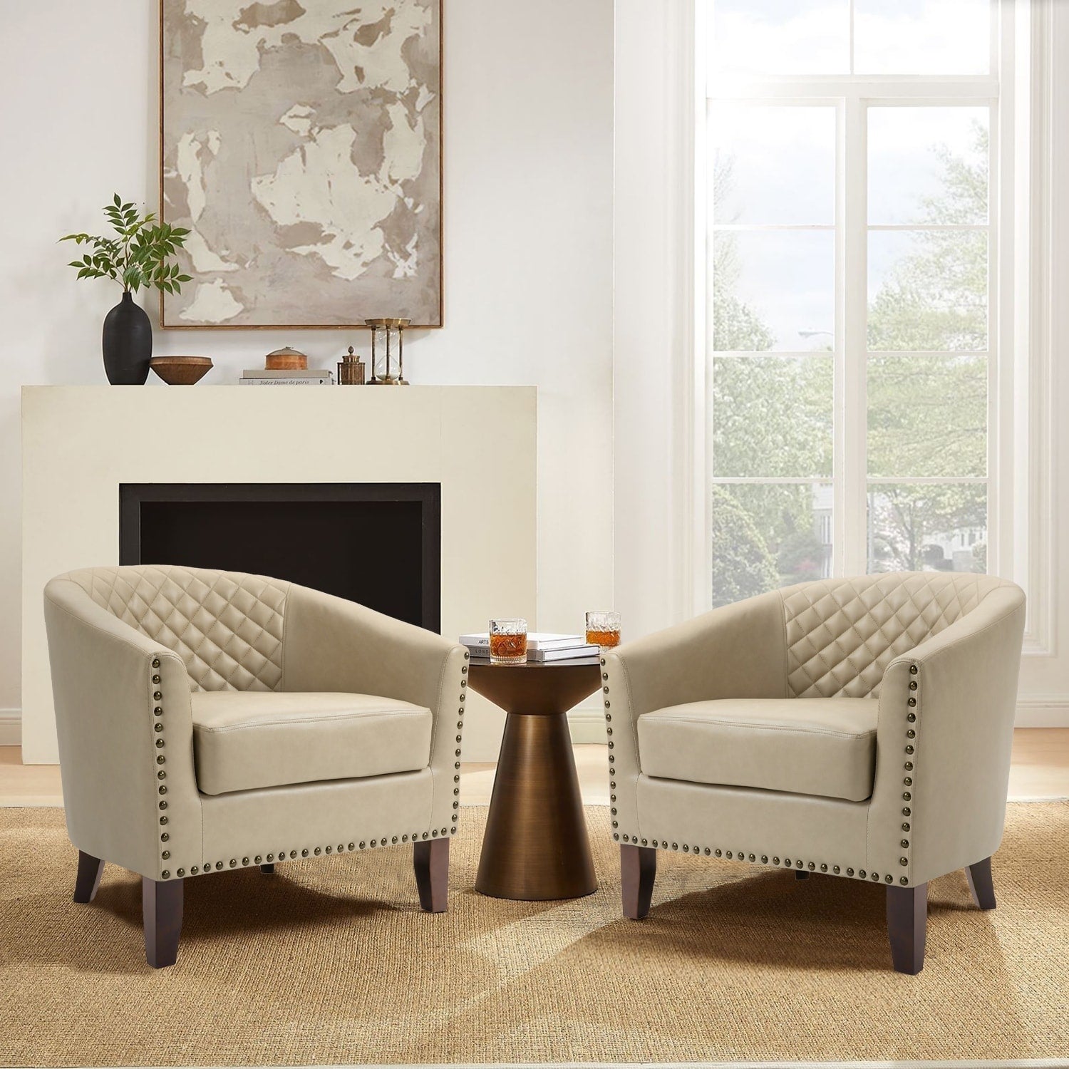 2 Set 29 W Vegan Leather Barrel Accent Chairs with Nailheads Trim