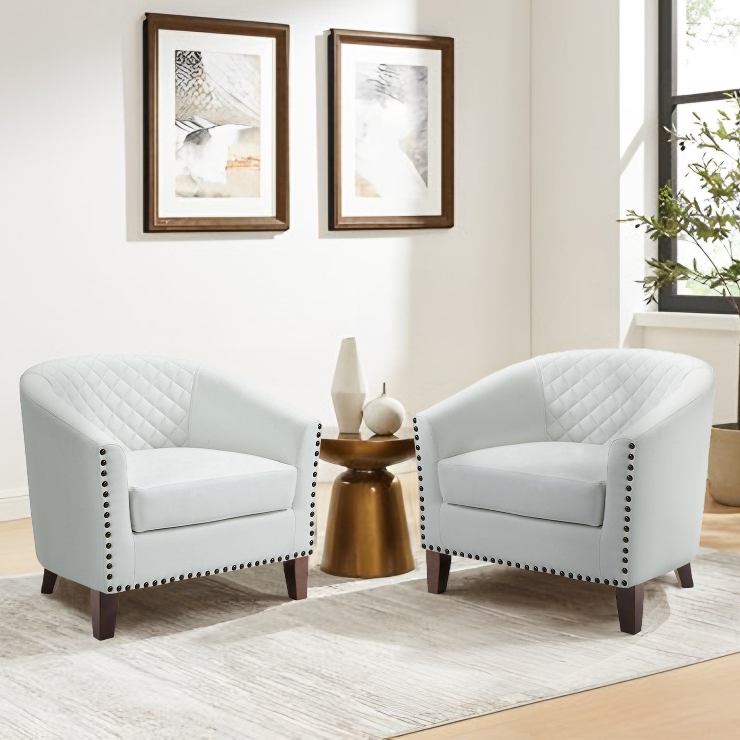 Lot de 2 chaises d'appoint tonneau en cuir vegan de 29 W avec garniture cloutée