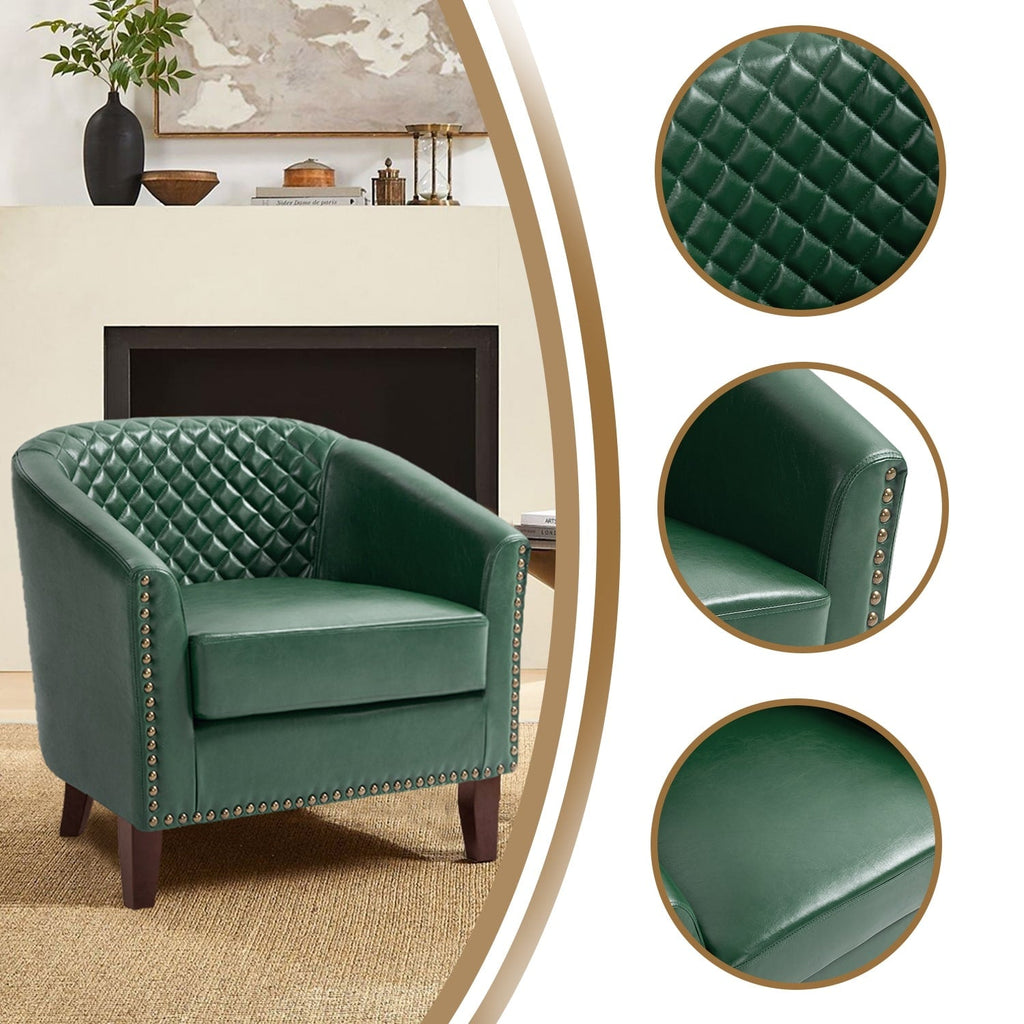 2 Set 29 W Vegan Leather Barrel Accent Chairs with Nailheads Trim