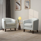 2 Set 29 W Vegan Leather Barrel Accent Chairs with Nailheads Trim