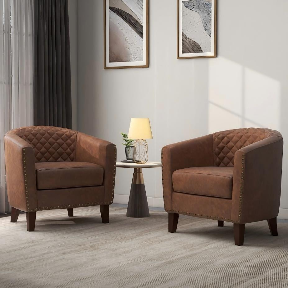 Lot de 2 chaises d'appoint tonneau en cuir vegan de 29 W avec garniture cloutée