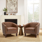 2 Set 29 W Vegan Leather Barrel Accent Chairs with Nailheads Trim