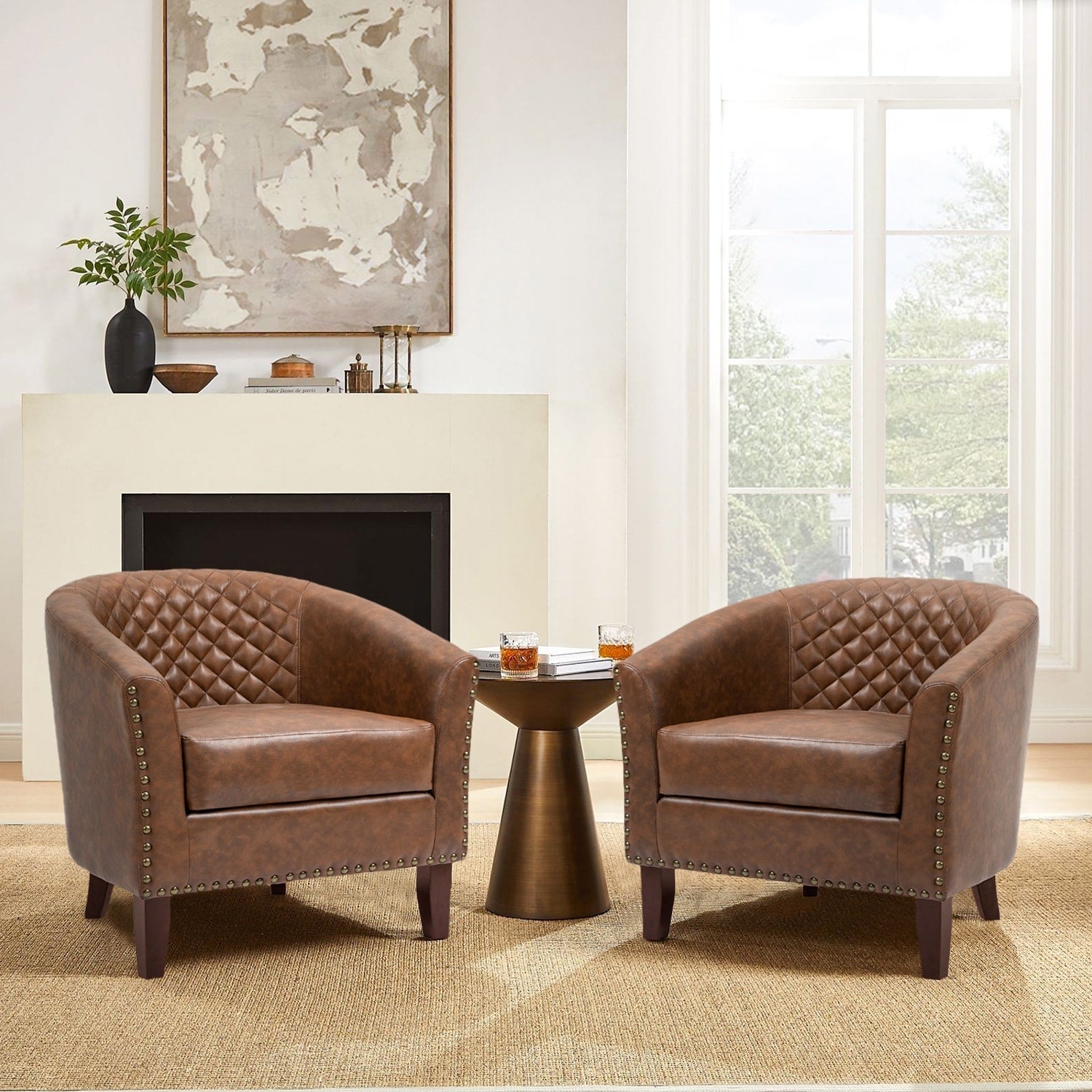 2 Set 29 W Vegan Leather Barrel Accent Chairs with Nailheads Trim
