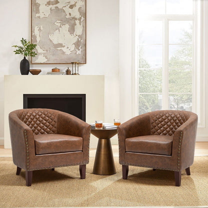 Lot de 2 chaises d'appoint tonneau en cuir vegan de 29 W avec garniture cloutée