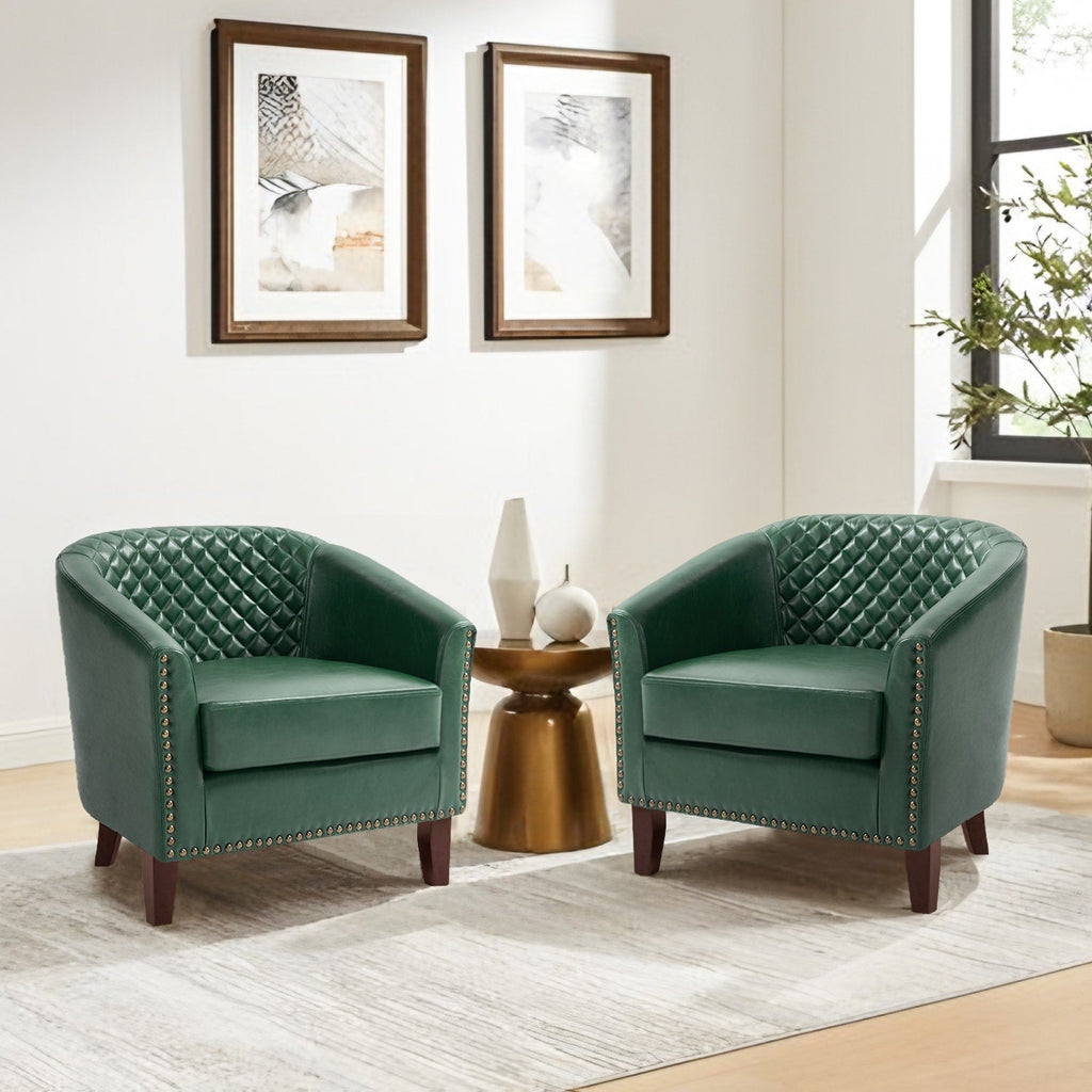 2 Set 29 W Vegan Leather Barrel Accent Chairs with Nailheads Trim