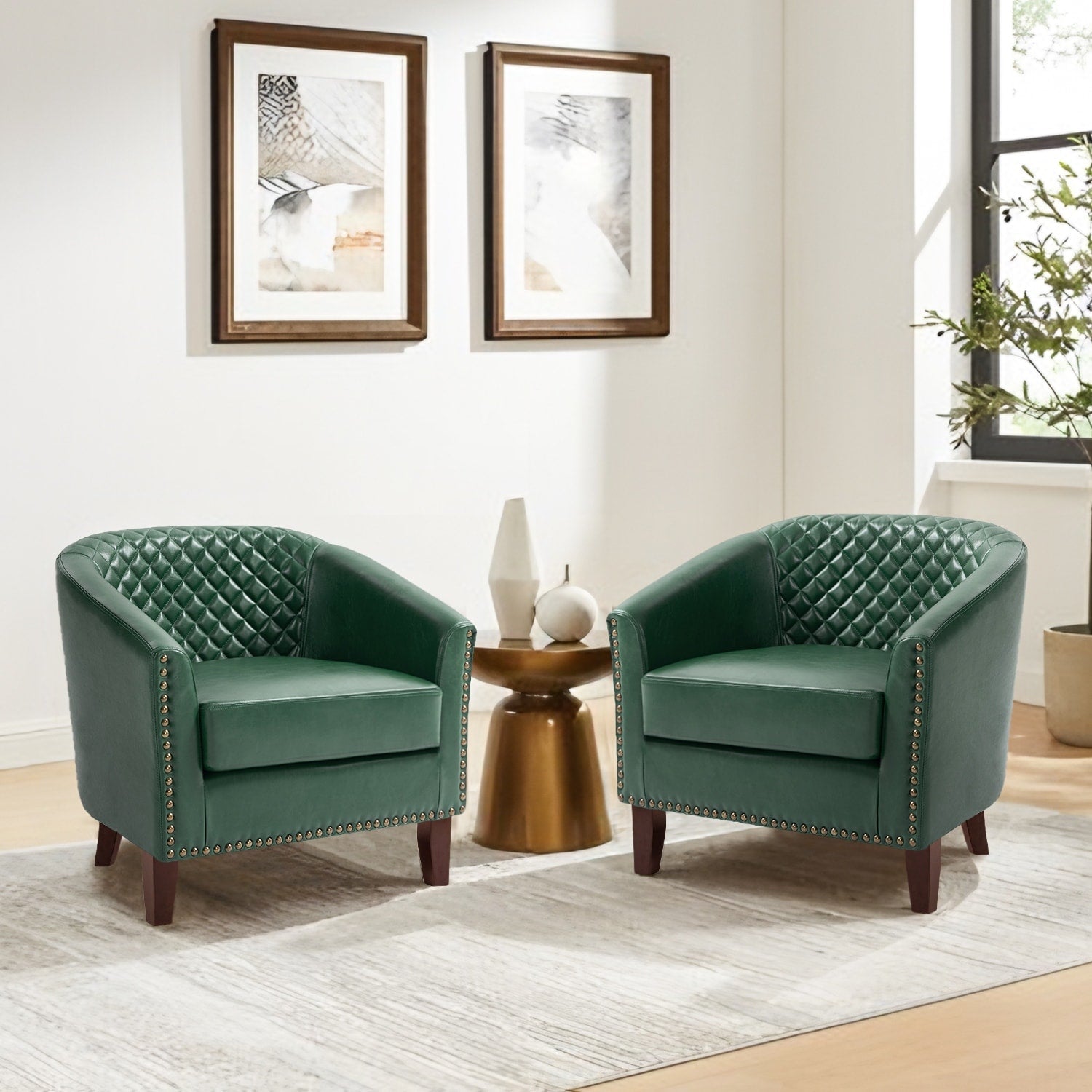 Lot de 2 chaises d'appoint tonneau en cuir vegan de 29 W avec garniture cloutée
