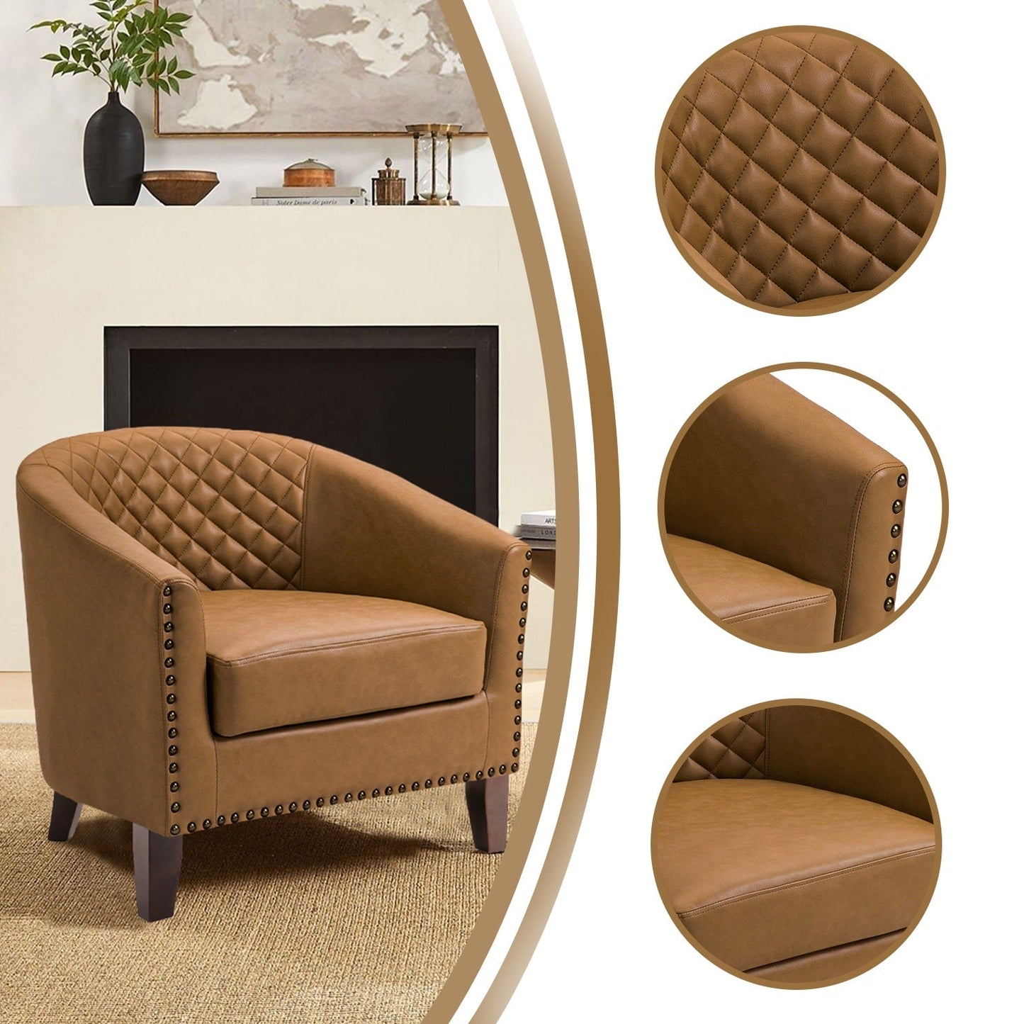 Lot de 2 chaises d'appoint tonneau en cuir vegan de 29 W avec garniture cloutée