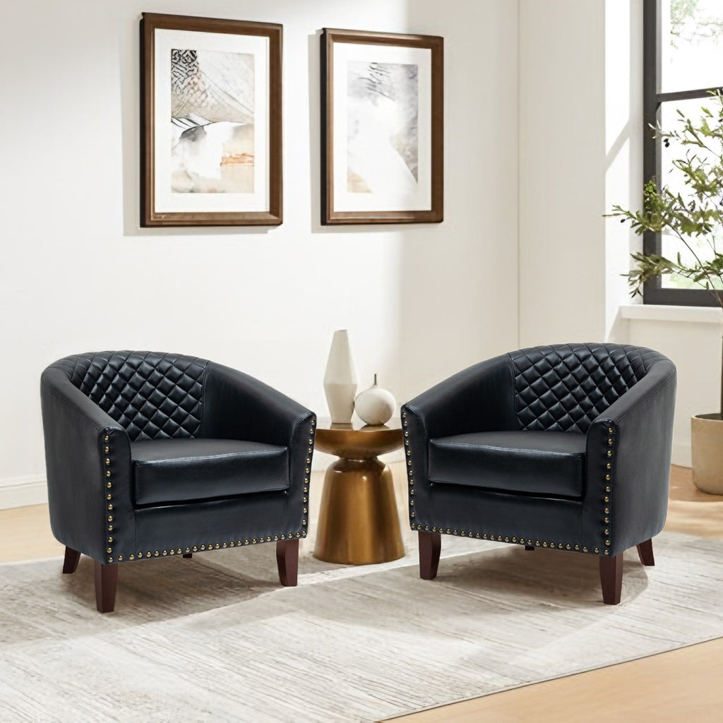 2 Set 29 W Vegan Leather Barrel Accent Chairs with Nailheads Trim