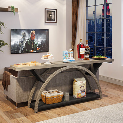 Table console étroite à deux niveaux avec cadre semi-circulaire pour entrée, tables d'appoint grises pour couloir