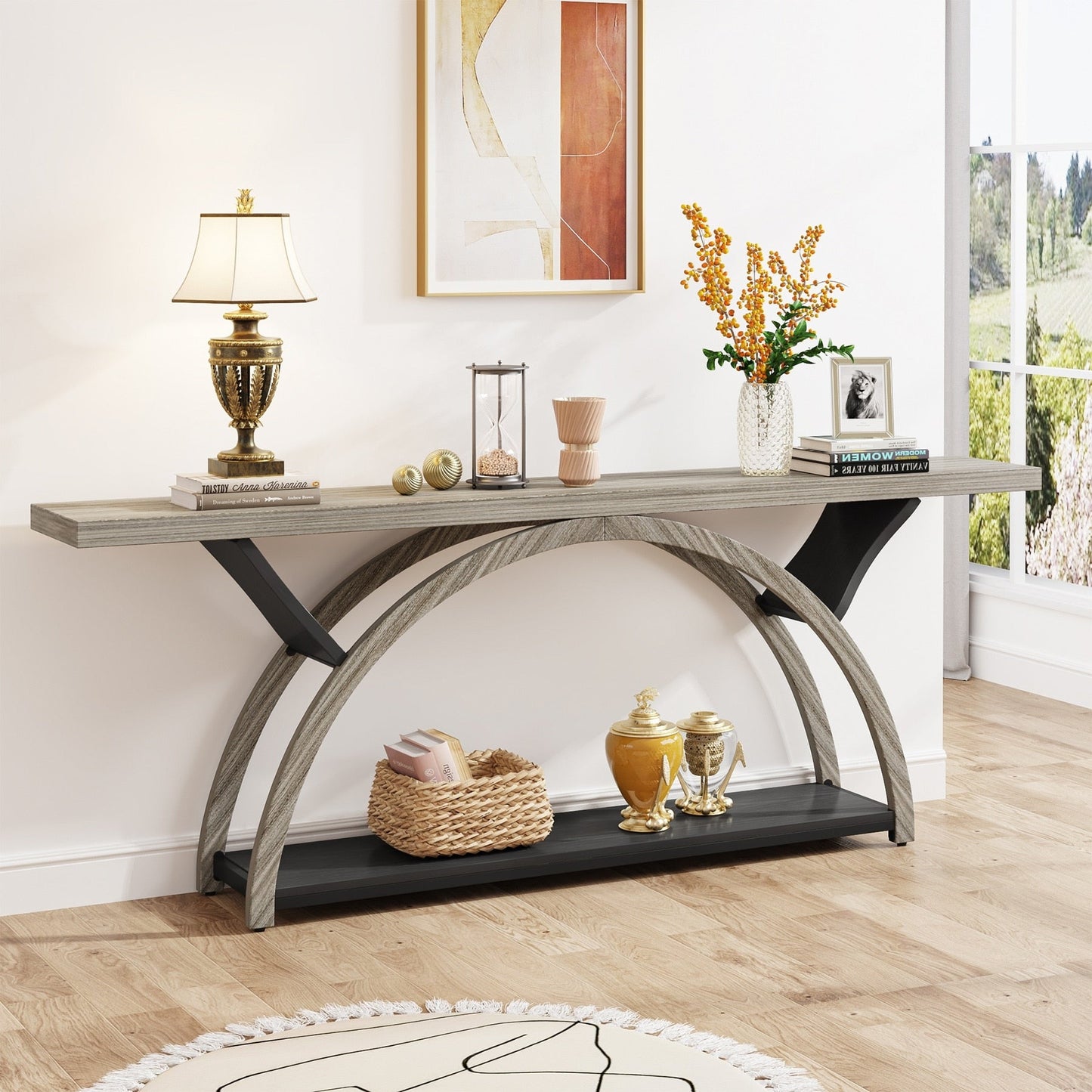 Table console étroite à deux niveaux avec cadre semi-circulaire pour entrée, tables d'appoint grises pour couloir