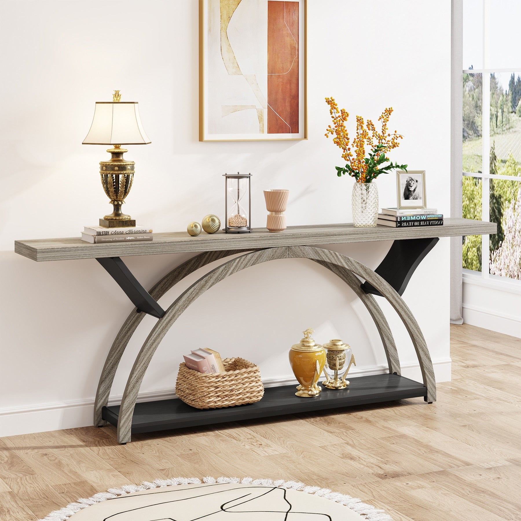 Table console étroite à deux niveaux avec cadre semi-circulaire pour entrée, tables d'appoint grises pour couloir
