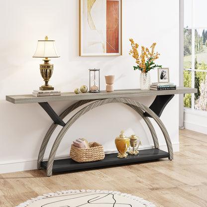 Table console étroite à deux niveaux avec cadre semi-circulaire pour entrée, tables d'appoint grises pour couloir