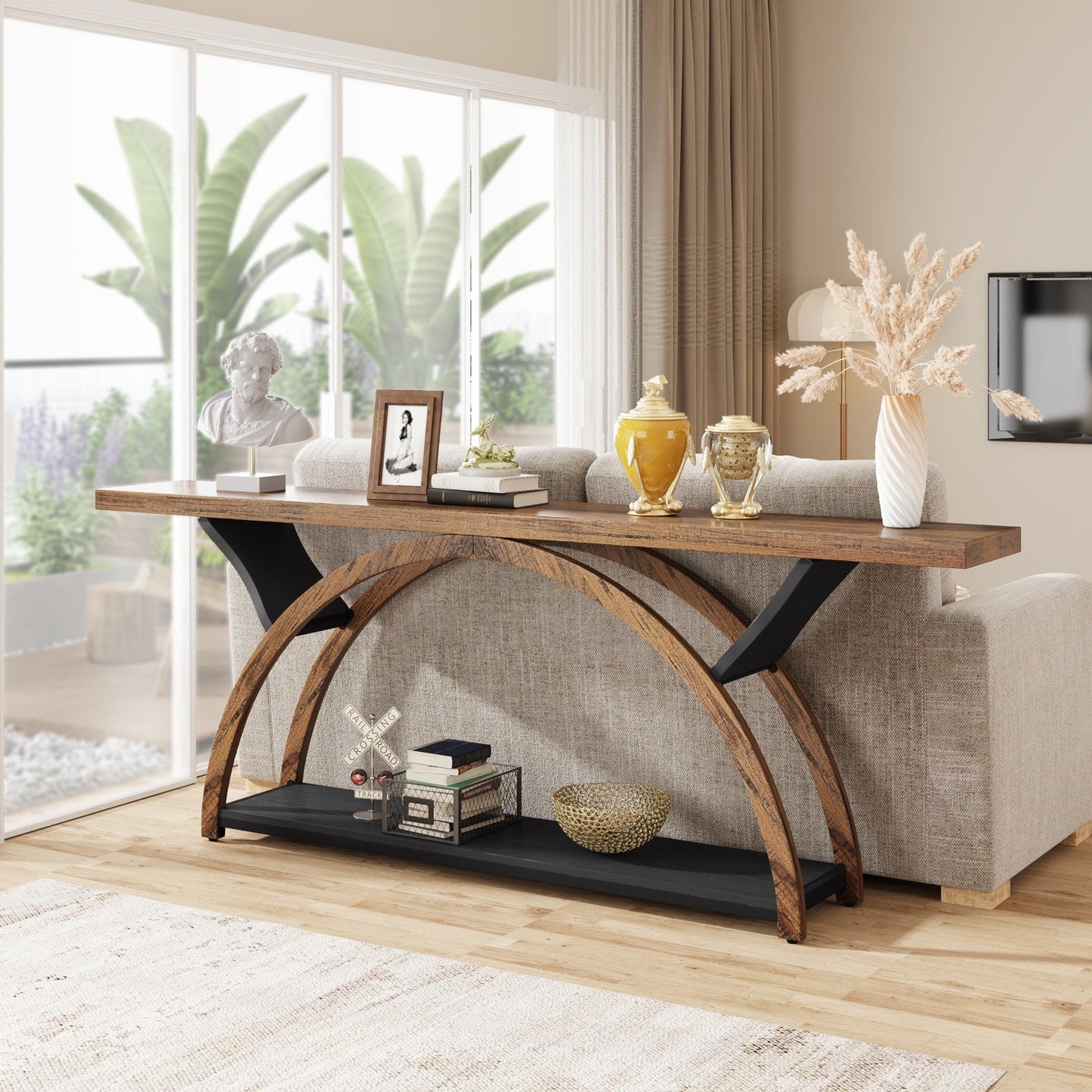 Table console étroite à deux niveaux avec cadre semi-circulaire pour entrée, tables d'appoint grises pour couloir