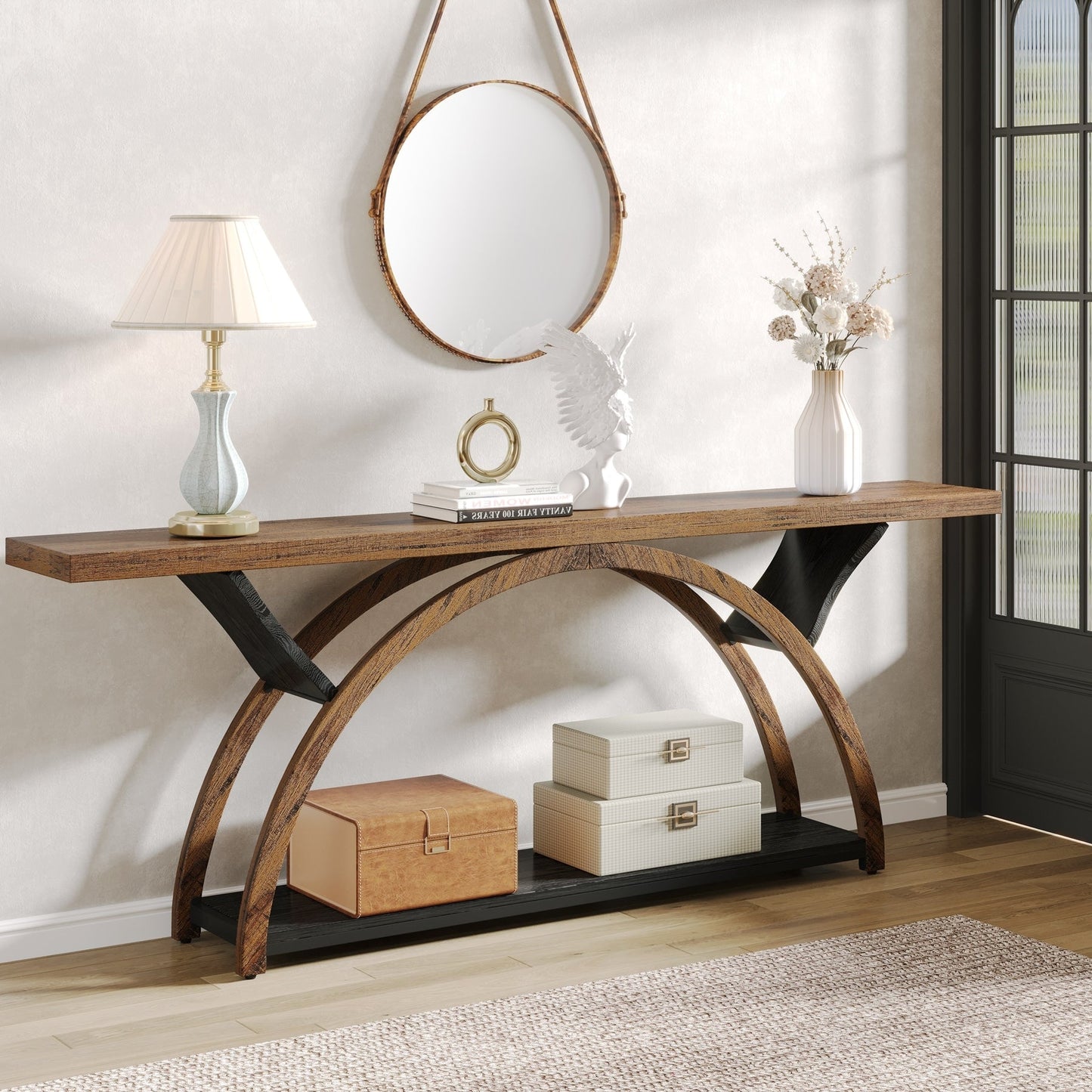 Table console étroite à deux niveaux avec cadre semi-circulaire pour entrée, tables d'appoint grises pour couloir