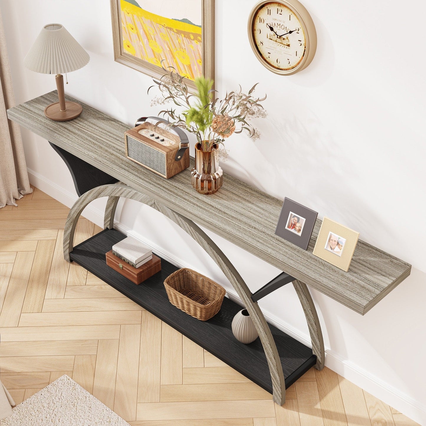 Table console étroite à deux niveaux avec cadre semi-circulaire pour entrée, tables d'appoint grises pour couloir