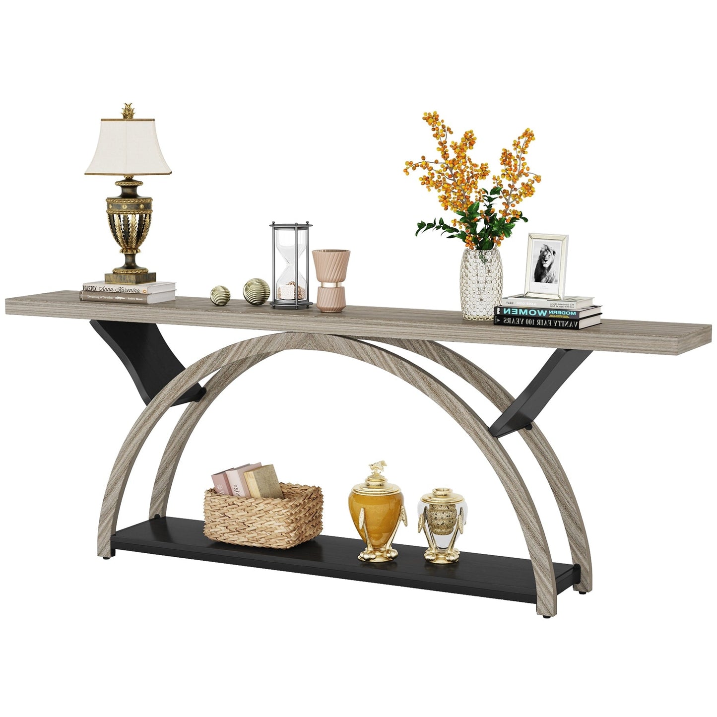 Table console étroite à deux niveaux avec cadre semi-circulaire pour entrée, tables d'appoint grises pour couloir