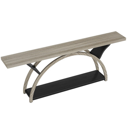 Table console étroite à deux niveaux avec cadre semi-circulaire pour entrée, tables d'appoint grises pour couloir