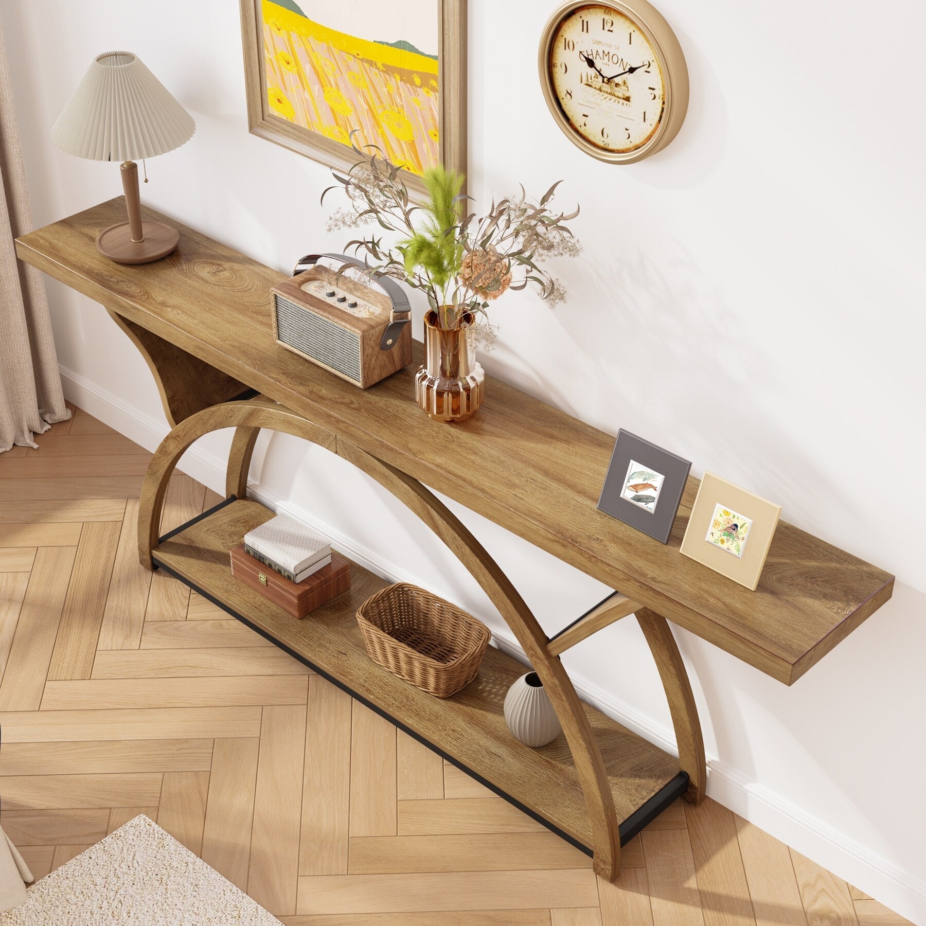 Table console étroite à deux niveaux avec cadre semi-circulaire pour entrée, tables d'appoint grises pour couloir