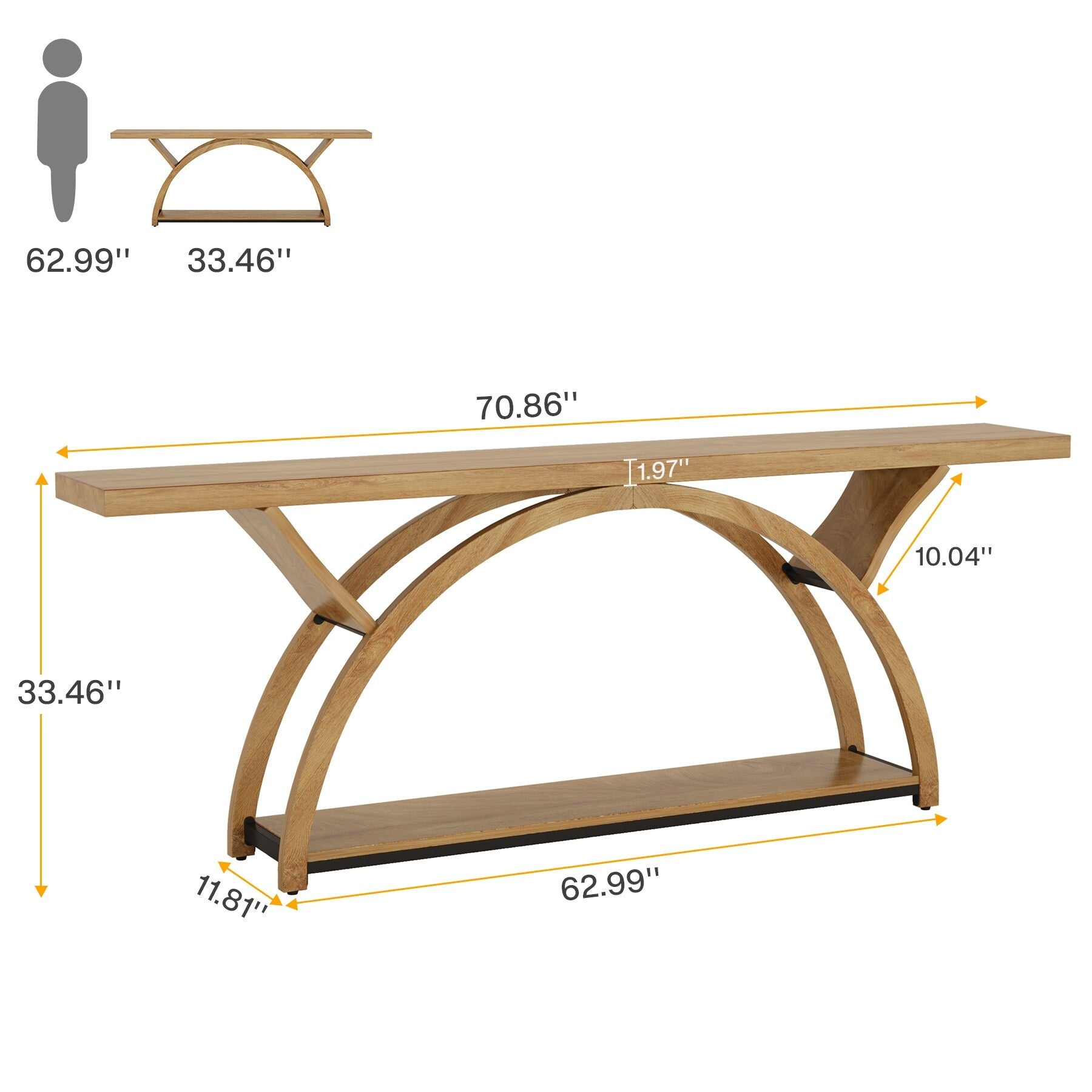 Table console étroite à deux niveaux avec cadre semi-circulaire pour entrée, tables d'appoint grises pour couloir