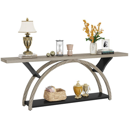 Table console étroite à deux niveaux avec cadre semi-circulaire pour entrée, tables d'appoint grises pour couloir
