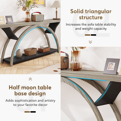 Table console étroite à deux niveaux avec cadre semi-circulaire pour entrée, tables d'appoint grises pour couloir